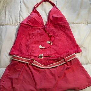 Chaps size 10 Pink Halter Top swim Skirt Tankini Set shell embellishment tie